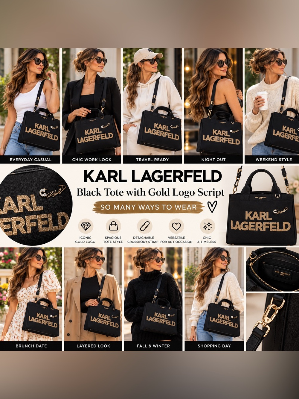 Karl Lagerfeld Black Tote with Gold Logo Script BOX32BAGS